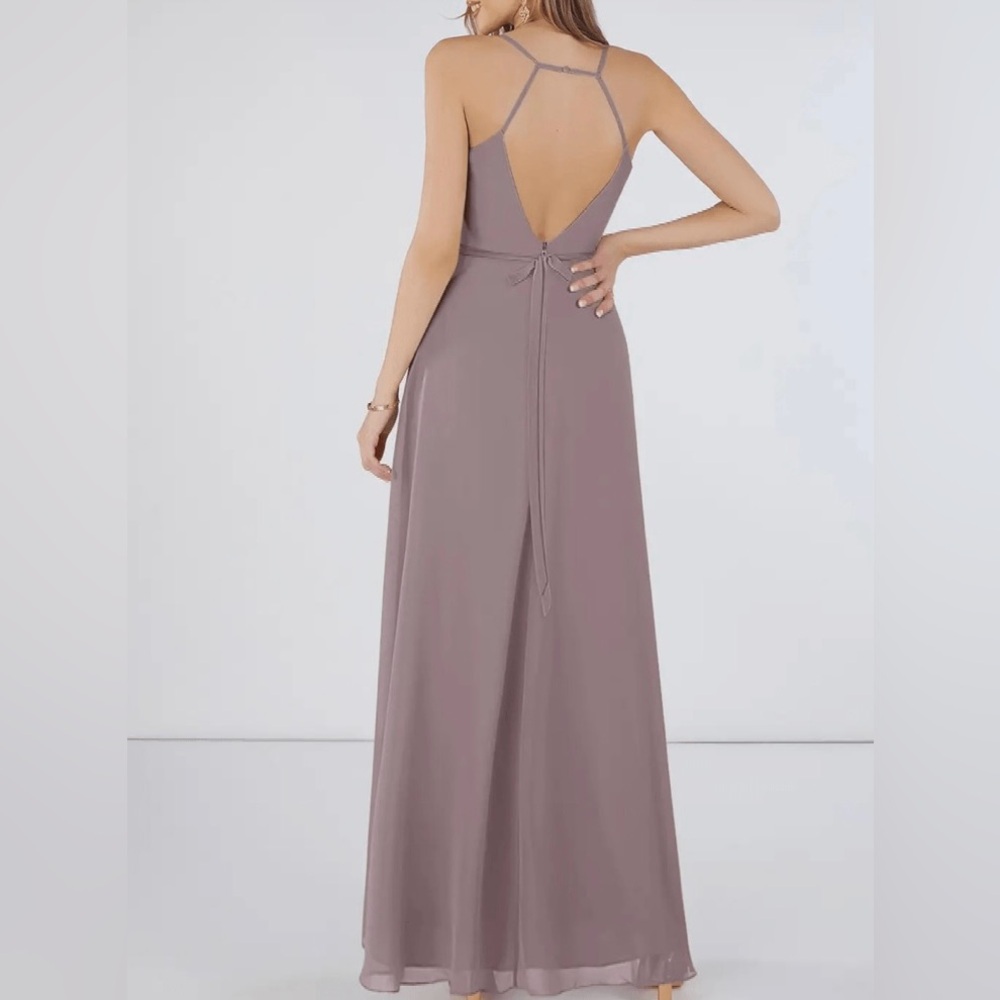 Azazie Mandy Maxi Dress in Taupe V Neck Formal Bridesmaid Size A2 - Picture 3 of 15